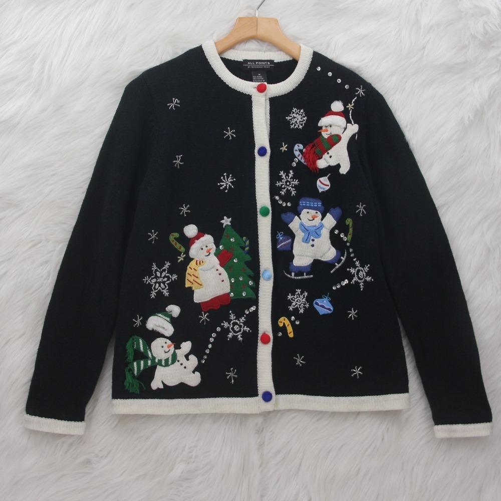 All Points Reference Point Snowman Christmas Sweater Cardigan Ramie/Cotton Sz M